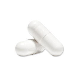 One white nutraceutical capsule is laying flat while the other is leaning on top of it.